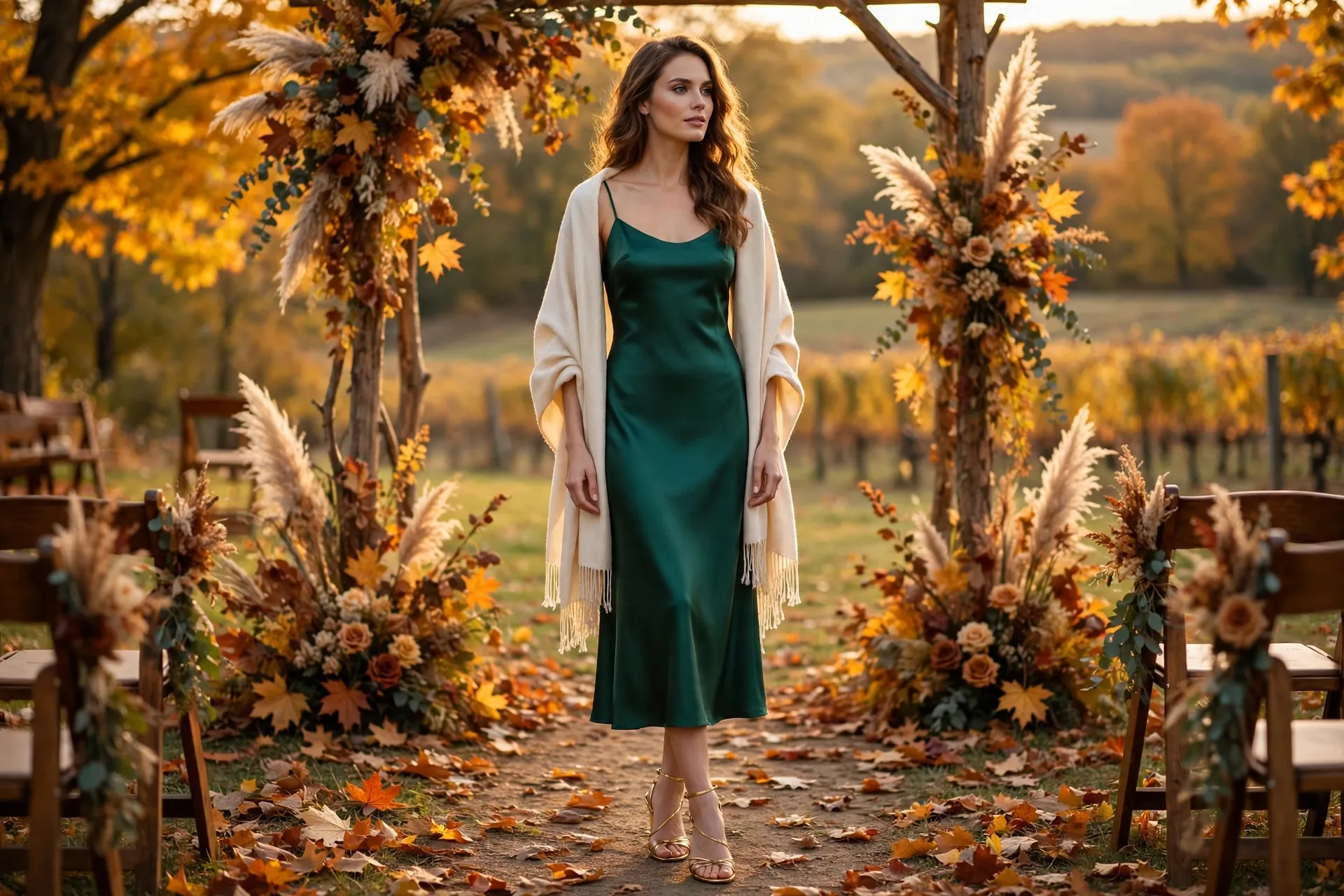 Emerald satin slip dress with cream pashmina shawl, a fall wedding guest outfit