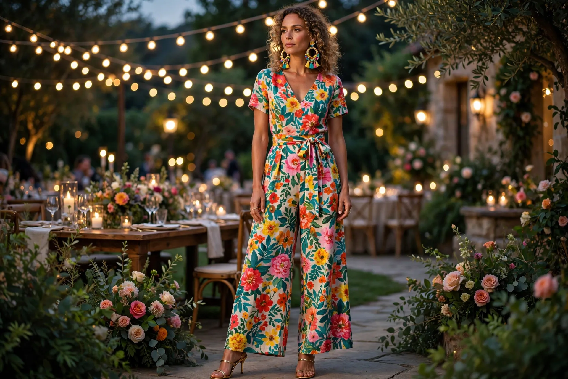Summer wedding guest outfits for women: floral wide-leg jumpsuit for evening