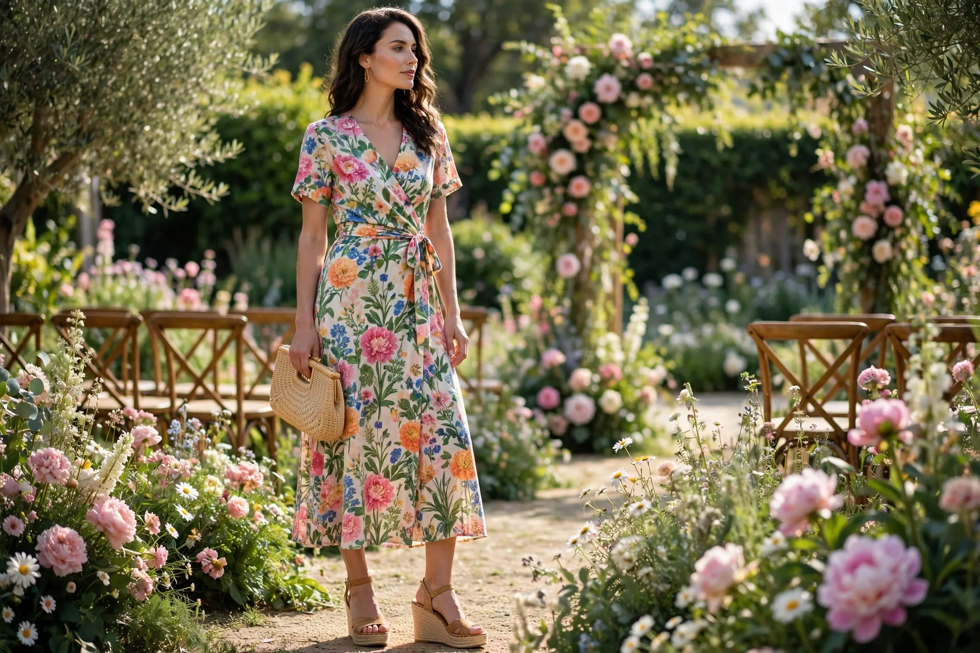 Floral wrap midi dress with wedge sandals for a daytime outdoor wedding