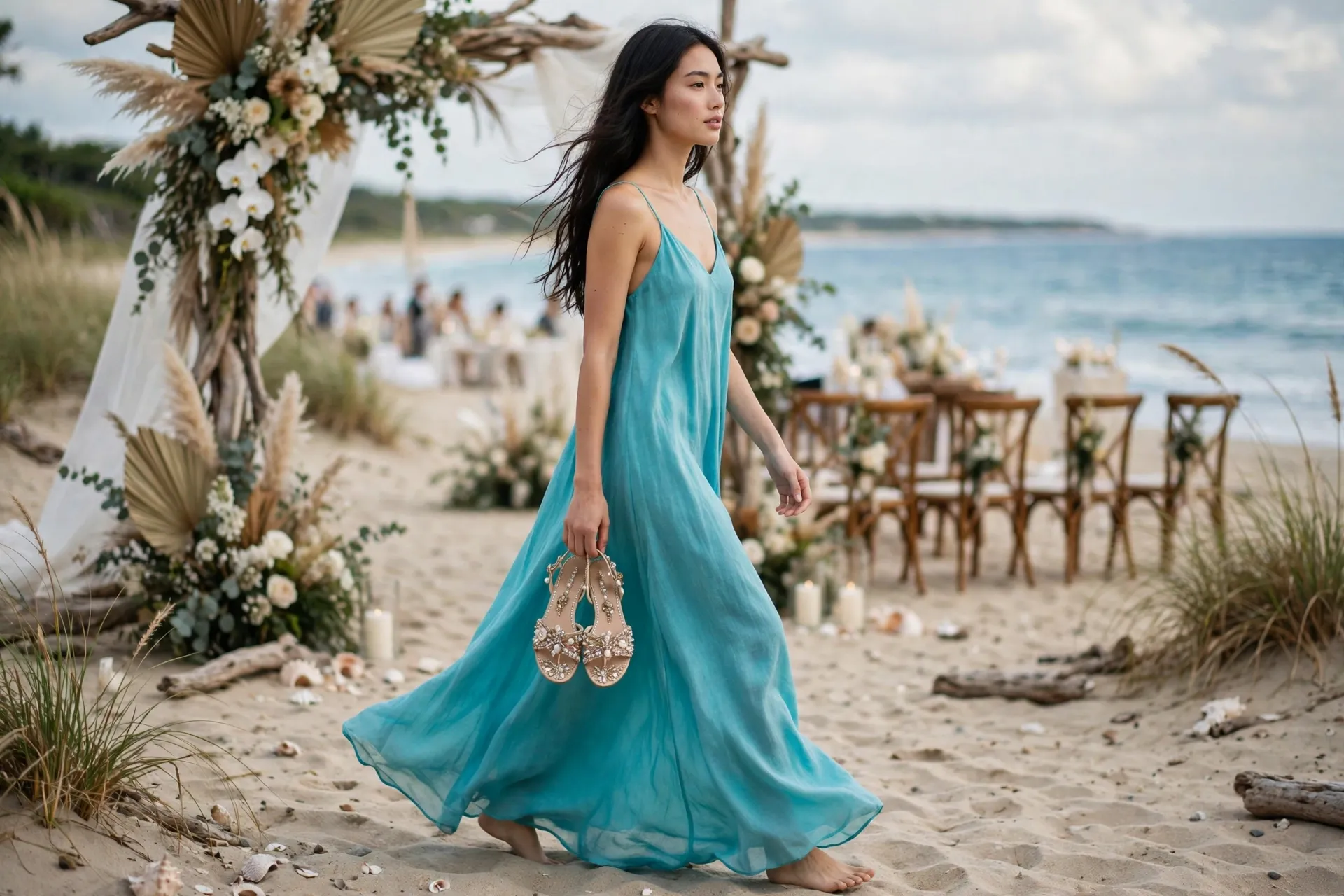 Beach wedding outfits for women: turquoise maxi dress with flat sandals on the sand