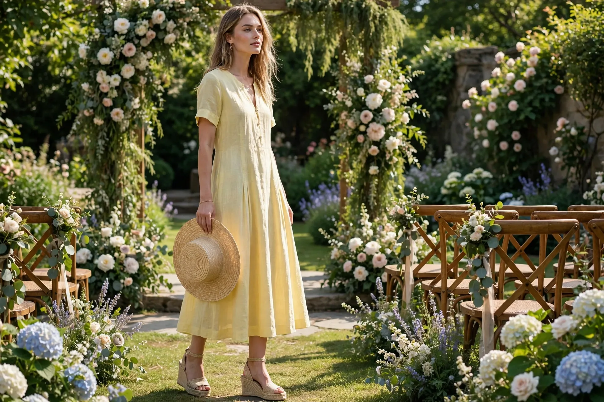Summer wedding guest outfits for women: pastel yellow linen midi dress with wedges