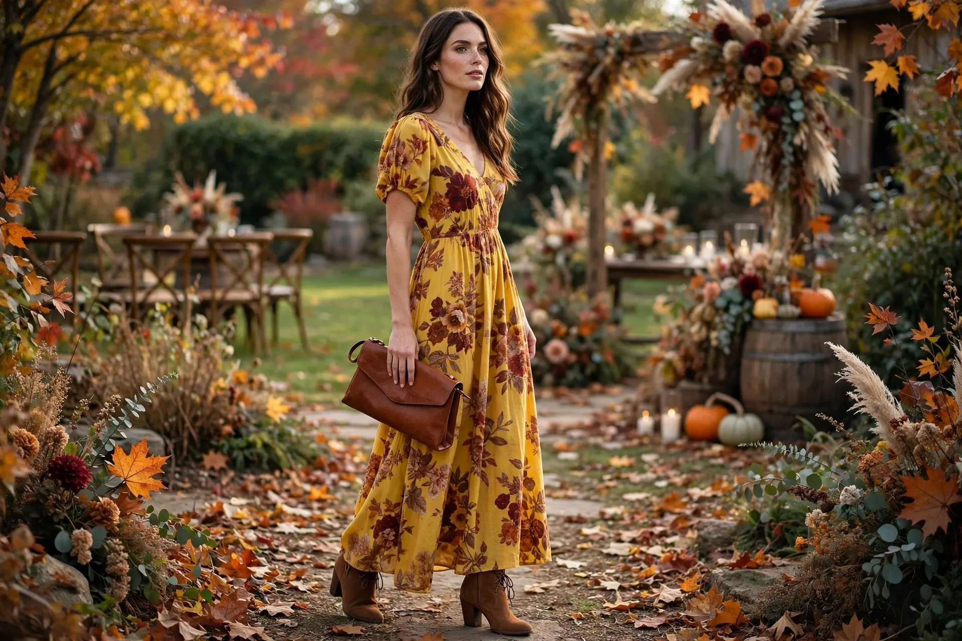 Mustard floral maxi dress with brown suede ankle boots for an outdoor fall wedding