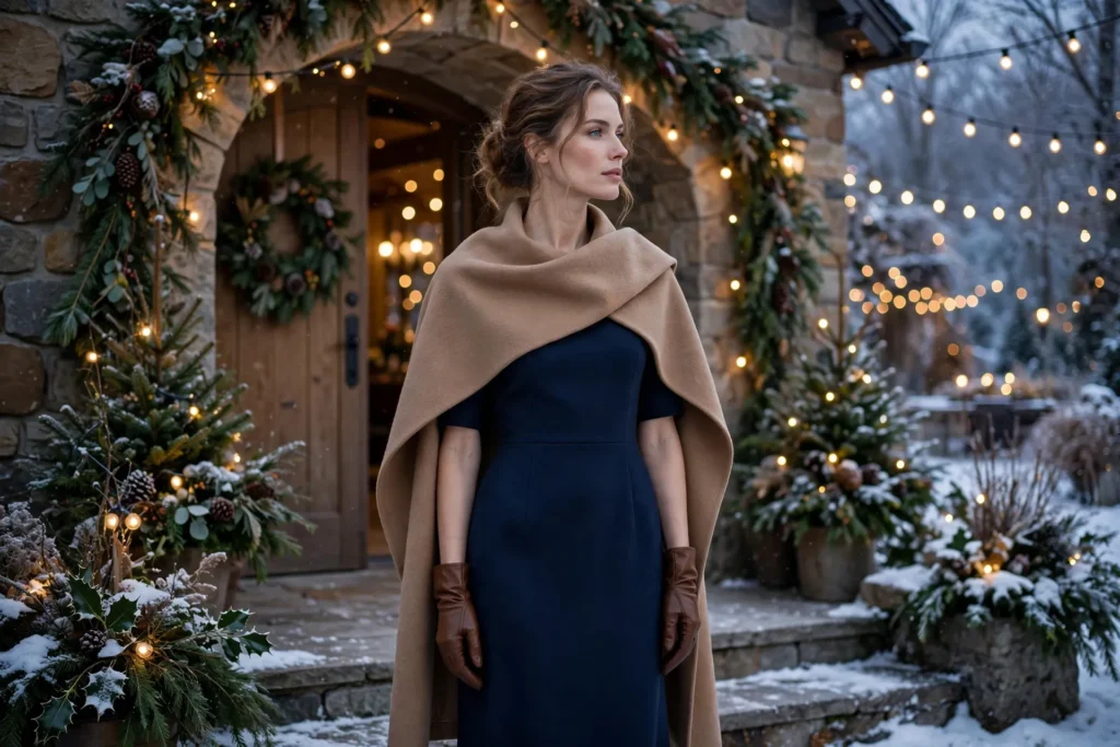 Navy cocktail dress with camel wool coat at a winter wedding