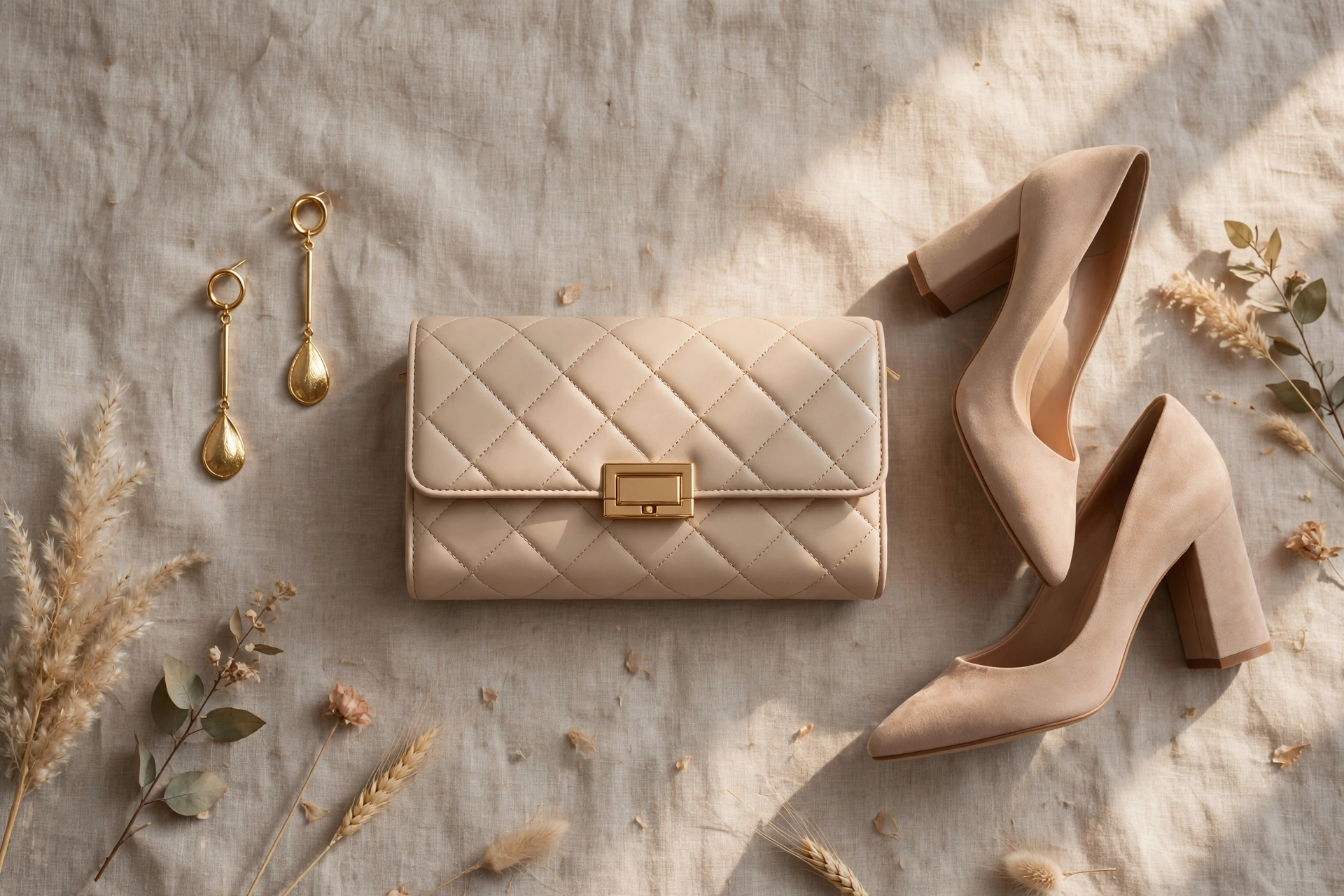 Wedding guest outfits for women over 40 accessories, gold jewelry, clutch, and block heels