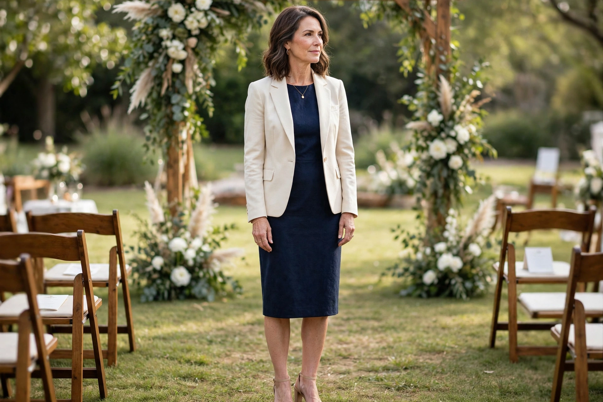 Wedding guest outfits for women over 40 with a navy sheath dress and cream tailored jacket