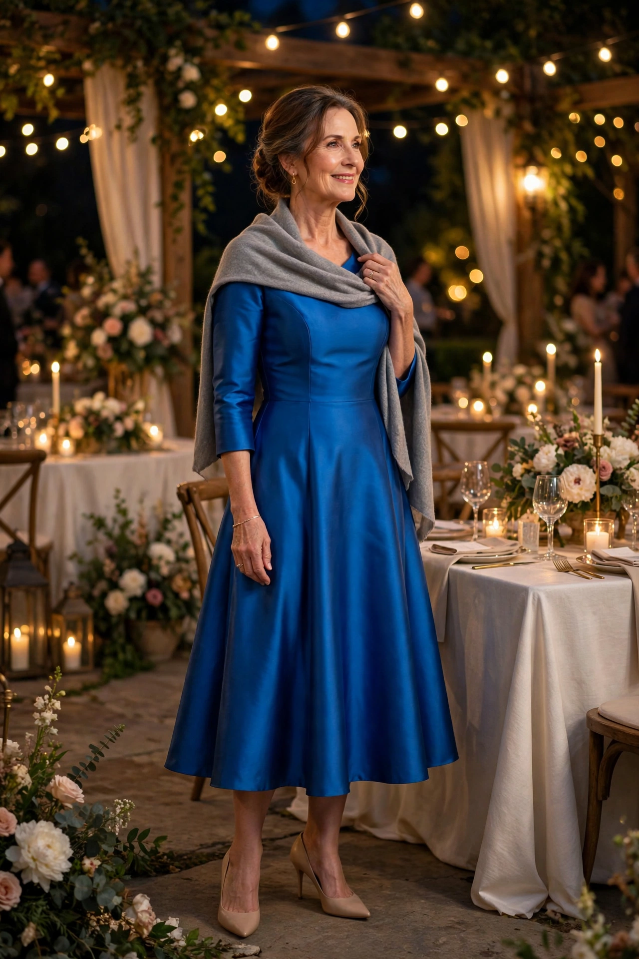 Wedding guest outfits for women over 50 with a sapphire fit-and-flare dress and grey wrap