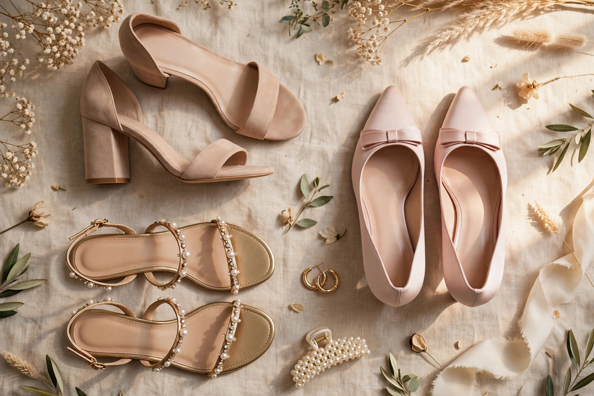 Wedding guest outfits for women over 50 footwear, block heels, flat sandals, and kitten heels