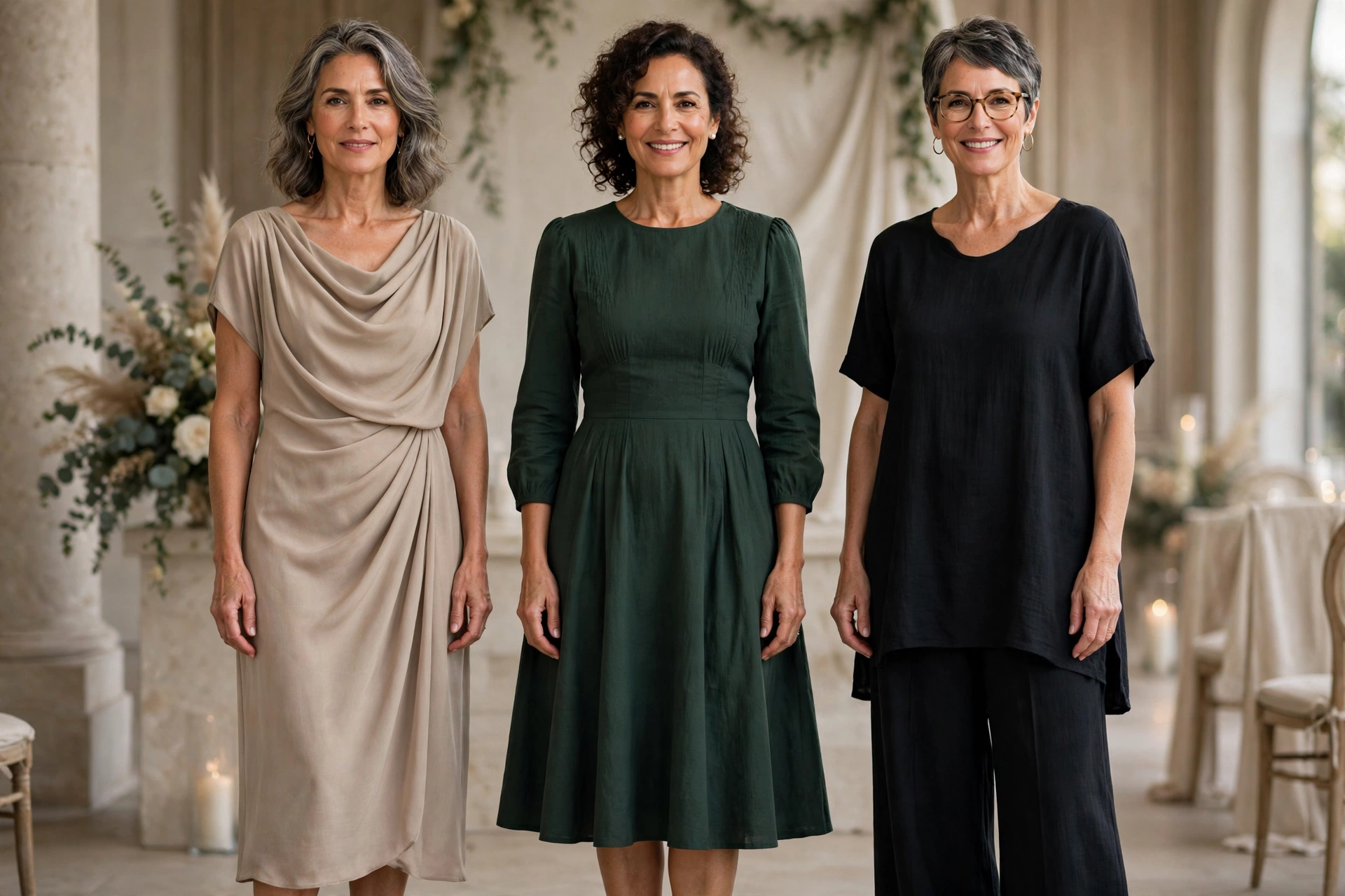 Wedding guest outfits for women over 50 in draped midi, fit-and-flare, and tunic-trouser silhouettes