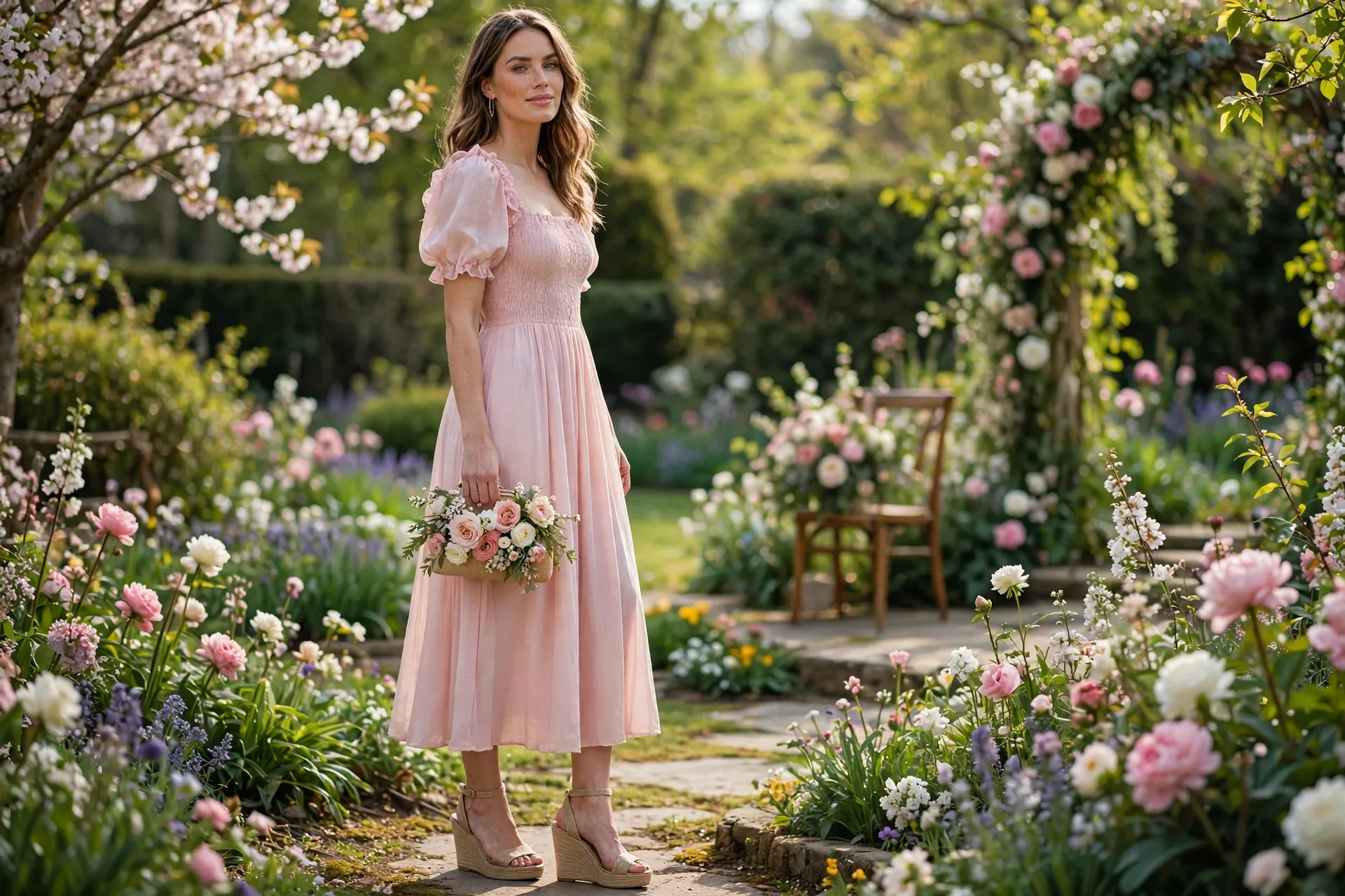 Pastel pink midi dress with wedge sandals for a spring wedding