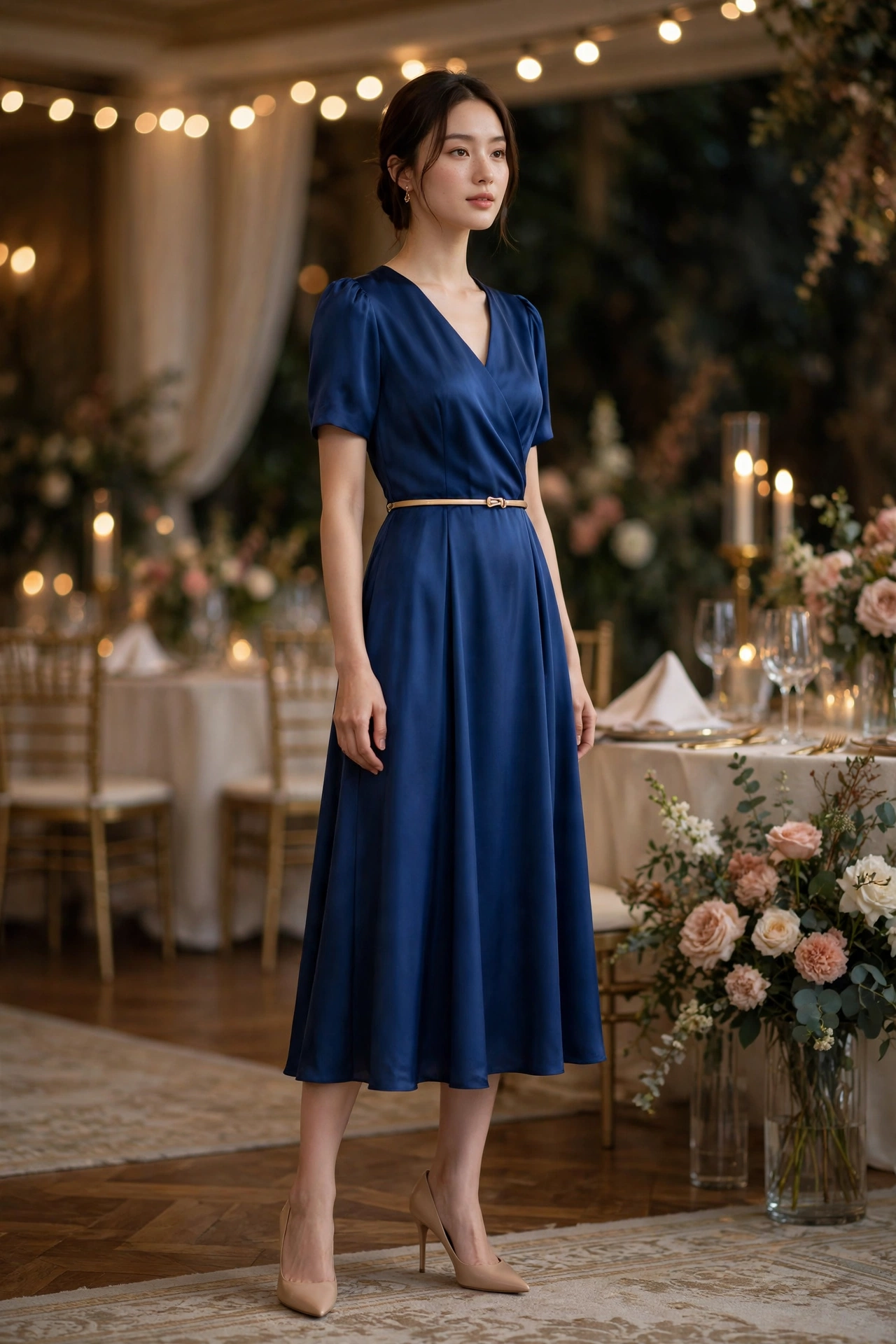 Wedding guest outfits for petite women with a belted sapphire blue midi dress