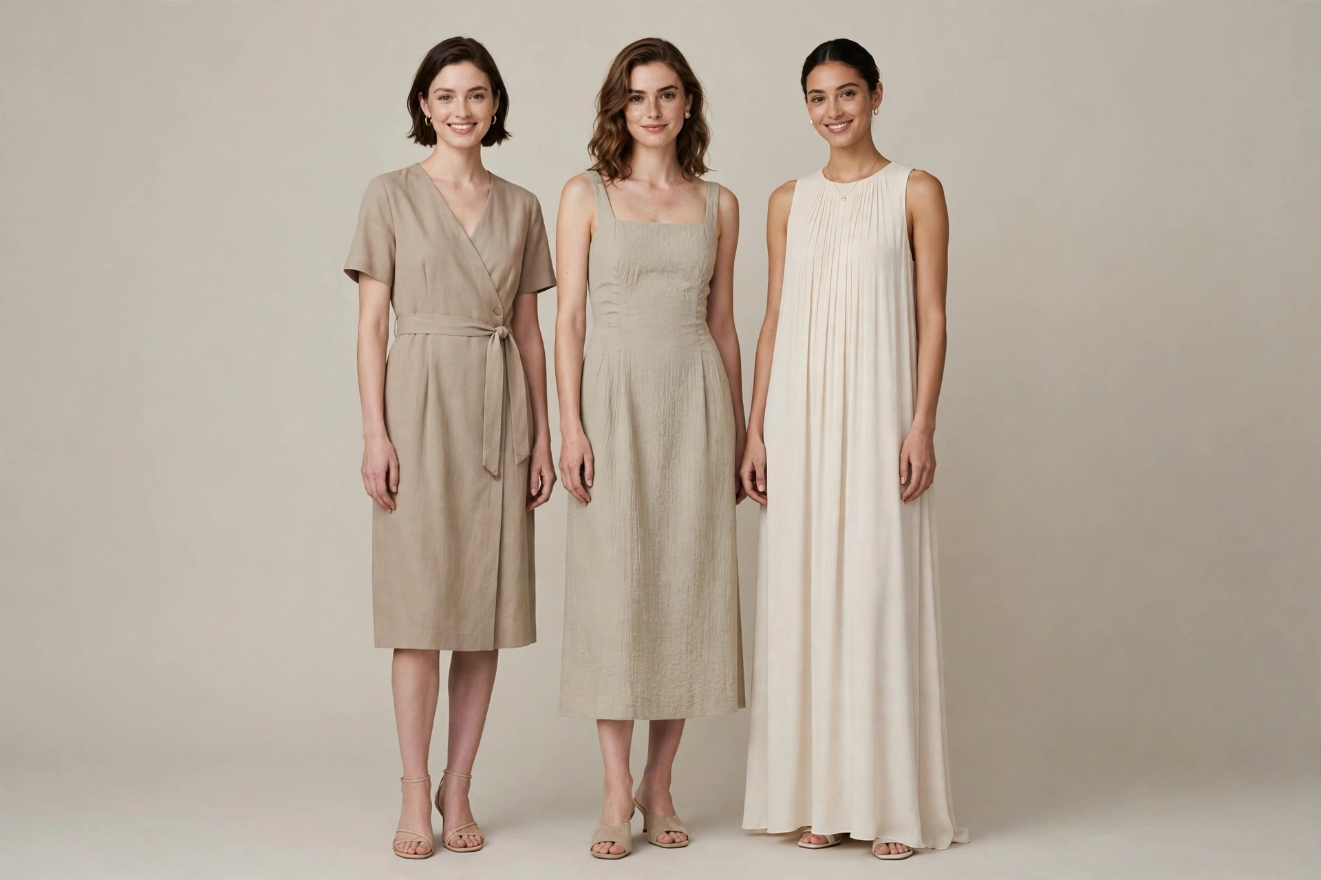 Wedding guest outfits for petite women in knee-length, midi, and maxi dress lengths