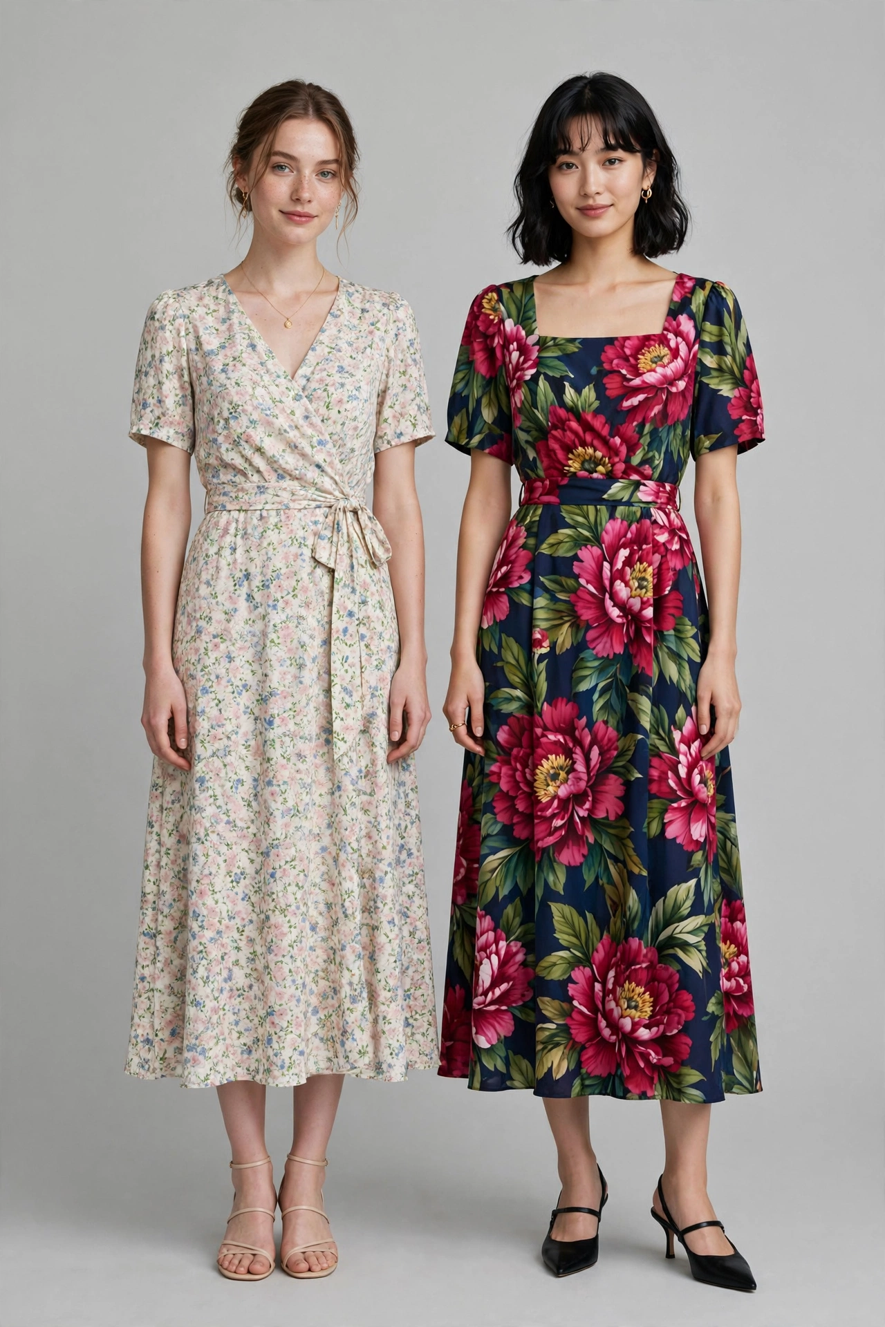 Wedding guest outfits for petite women comparing small-scale and large-scale floral prints