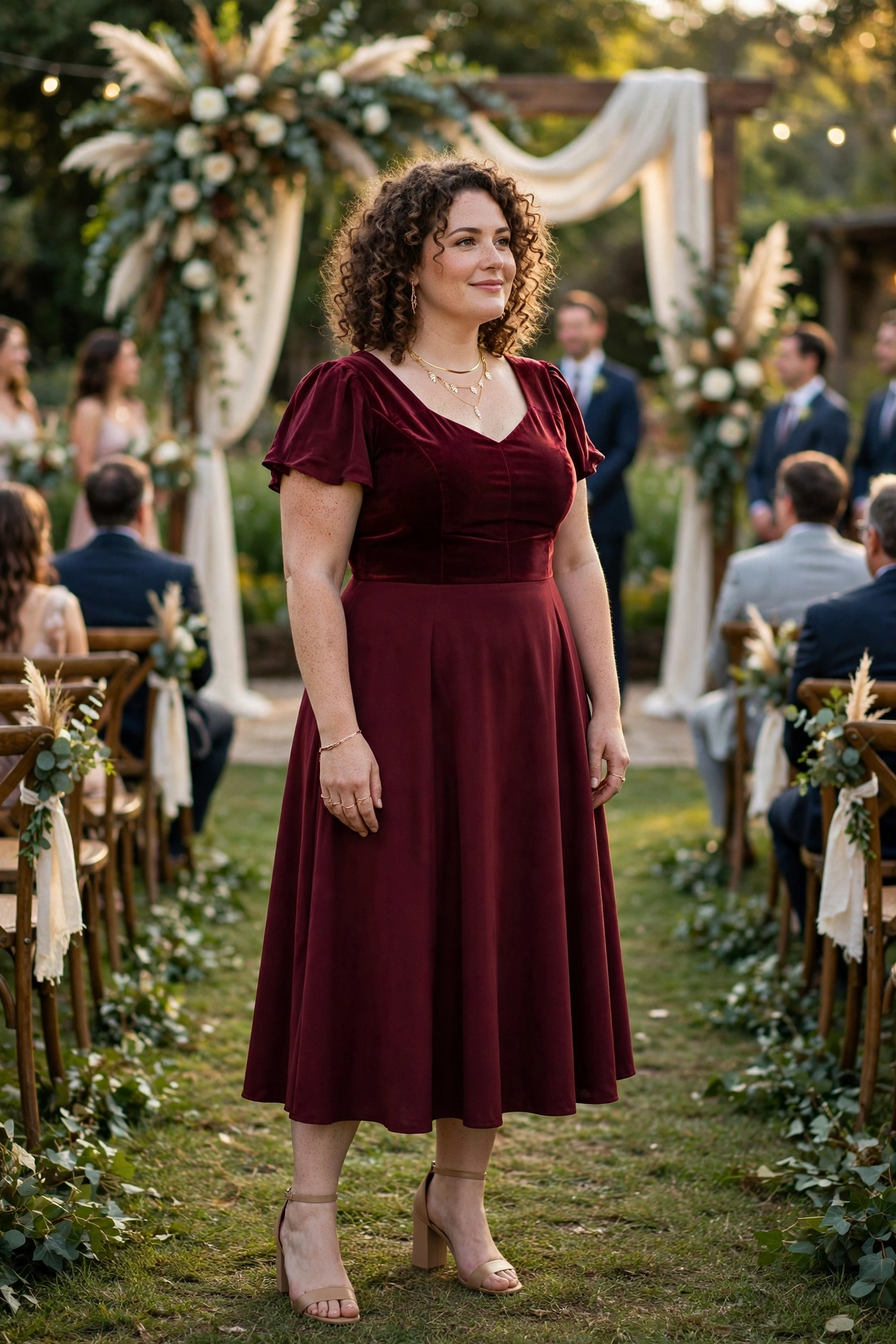 Wedding guest outfits for plus size women with a burgundy A-line midi dress