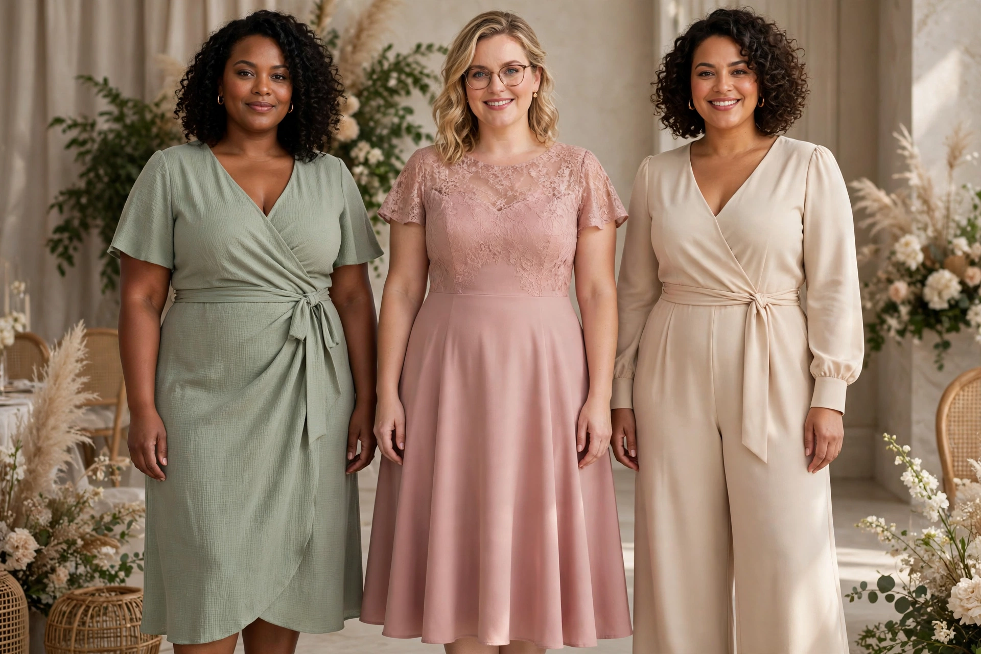 Wedding guest outfits for plus size women in wrap, A-line, and jumpsuit silhouettes