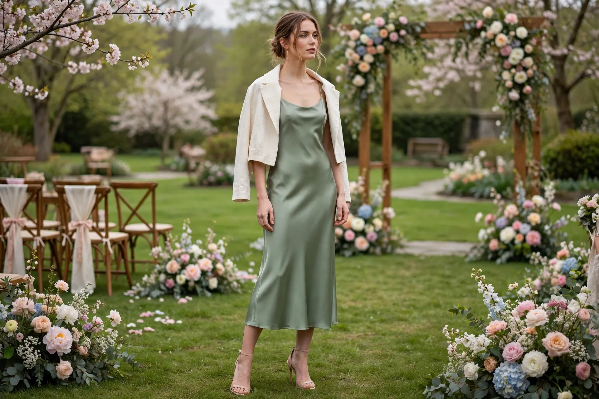Sage green slip dress with cropped jacket at a spring wedding