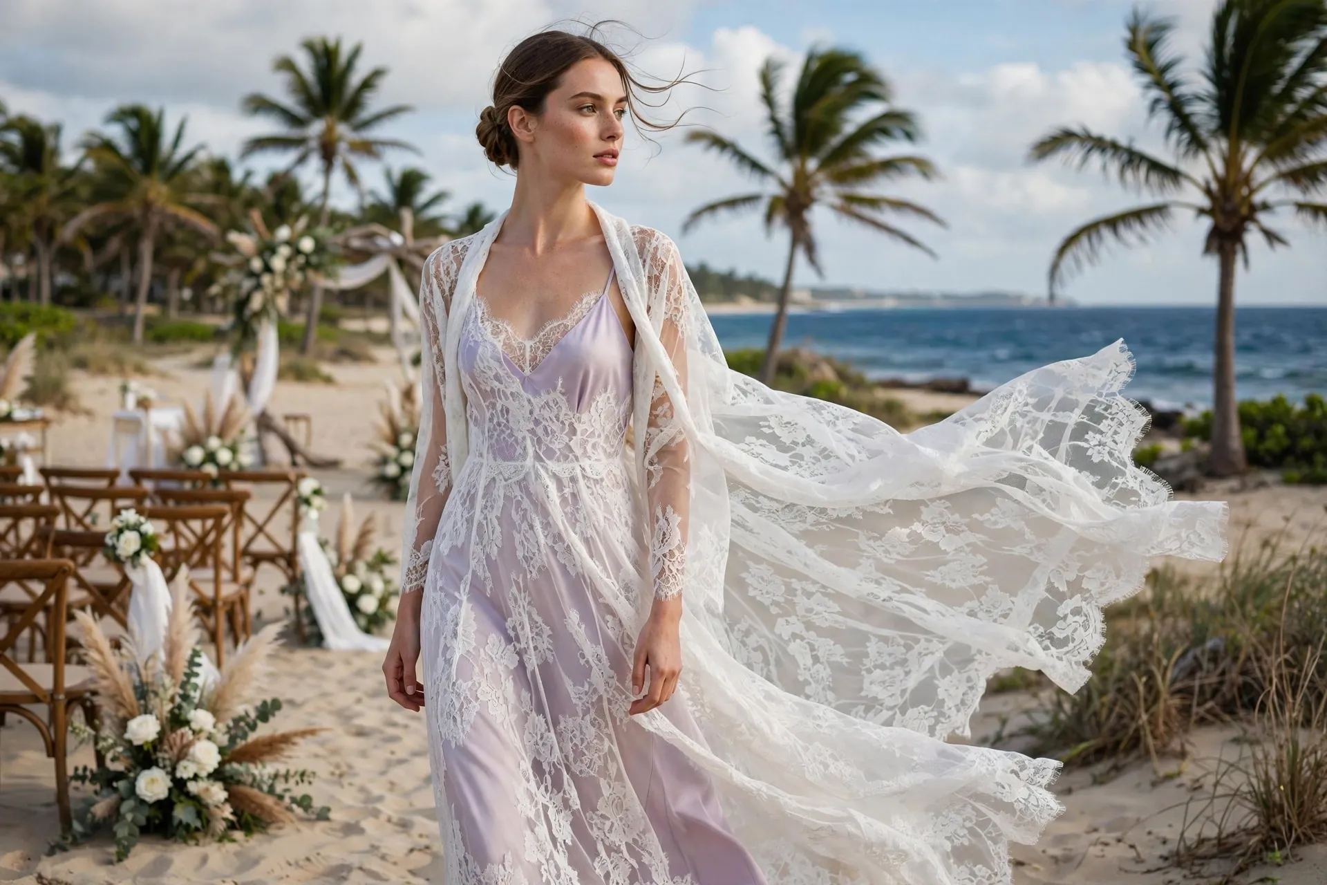 Beach wedding outfits for women: white lace shawl dress in the sea breeze