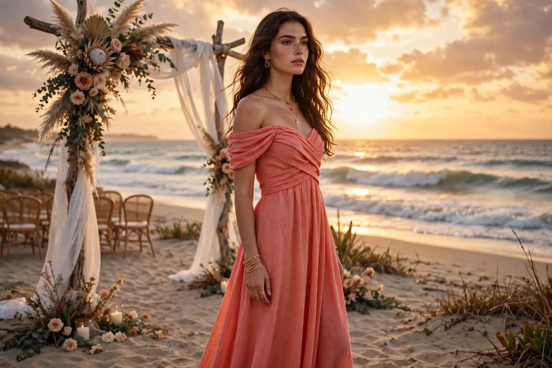 Beach wedding outfits for women: coral off-shoulder maxi at a sunset ceremony