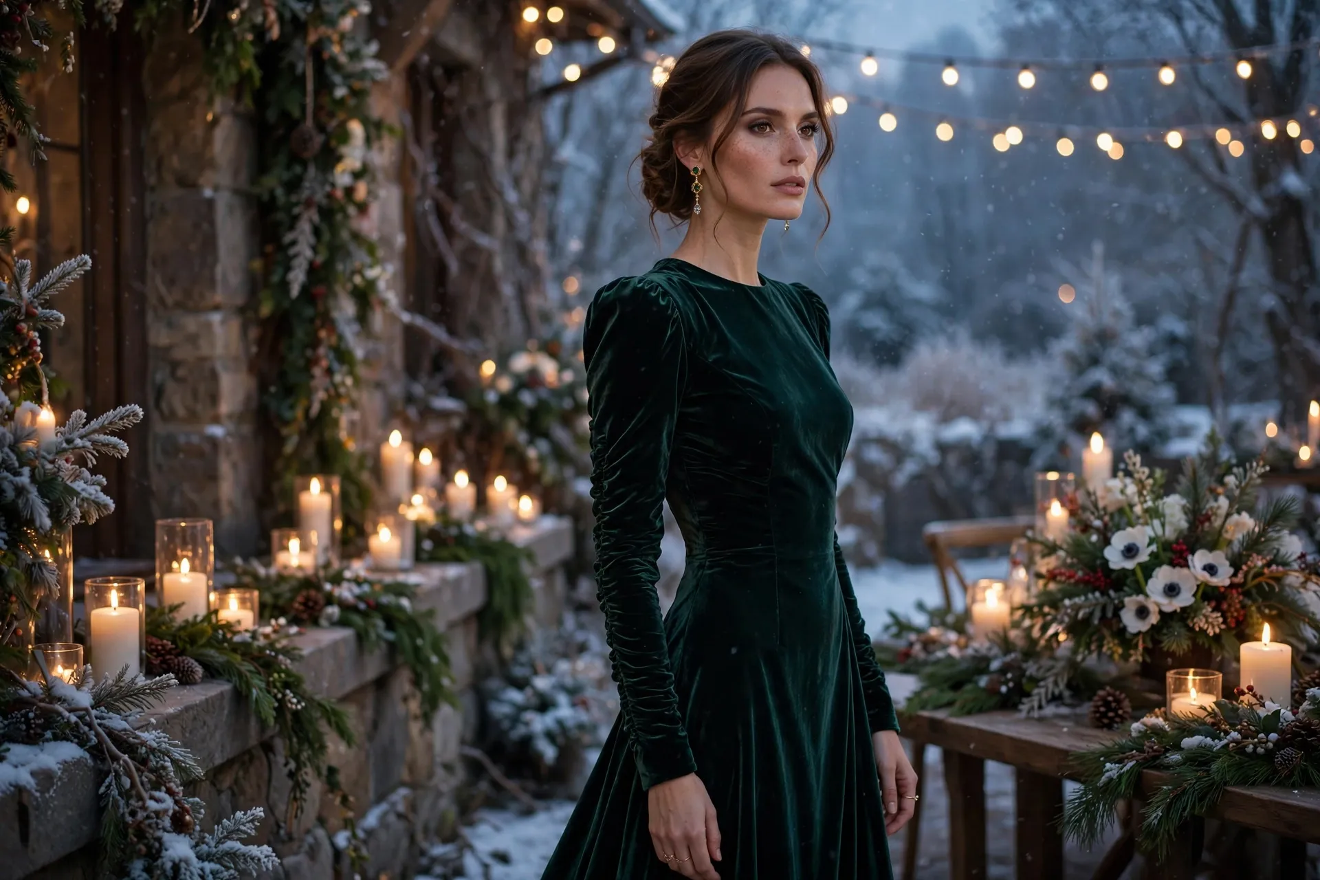 Emerald velvet evening gown for a formal winter wedding