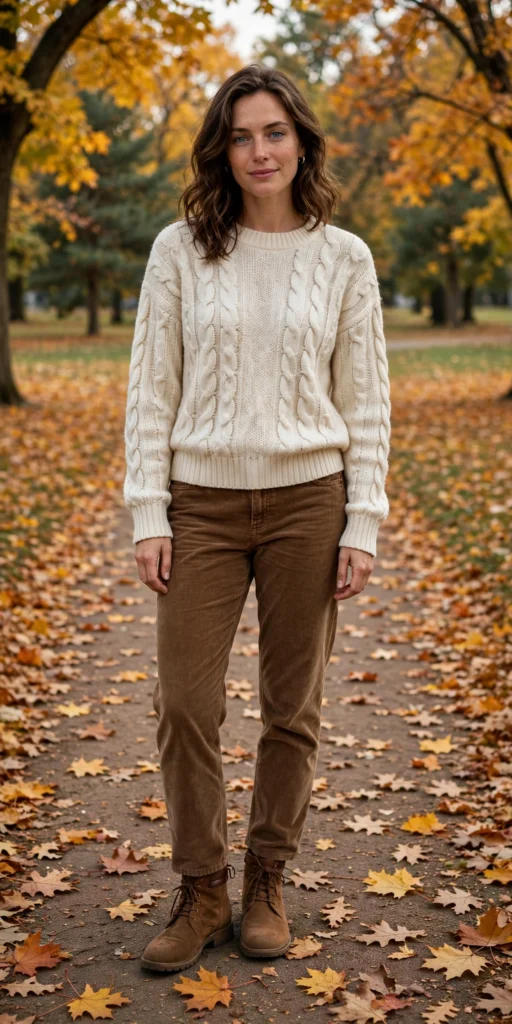 Brown corduroy pants outfits with a cable-knit sweater and boots
