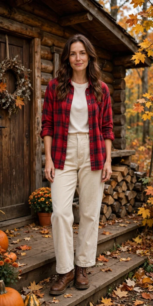 Cream corduroy pants outfits with a plaid flannel shirt and boots