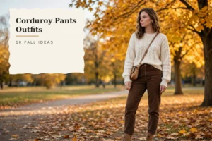 Corduroy pants outfits in brown, olive, and cream