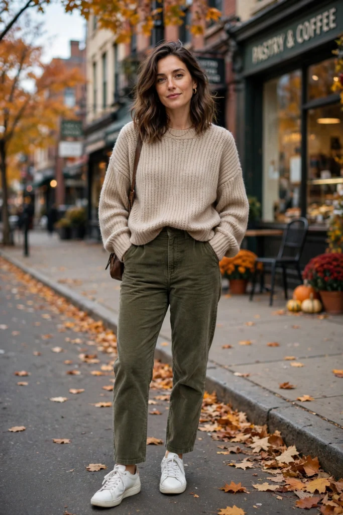 Olive corduroy pants outfits with a beige sweater and sneakers