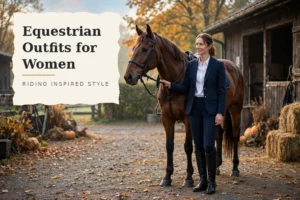 Woman in a navy blazer and riding boots with a horse, an example of equestrian outfits for women