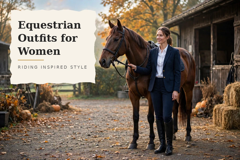 Woman in a navy blazer and riding boots with a horse, an example of equestrian outfits for women
