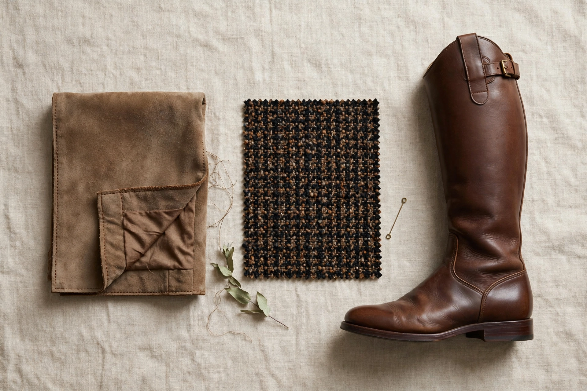 Flat lay of suede, tweed, and brown leather, showing textures for equestrian outfits for women.