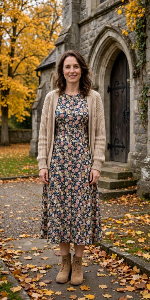 Midi dress fall church outfits with cardigan and ankle boots
