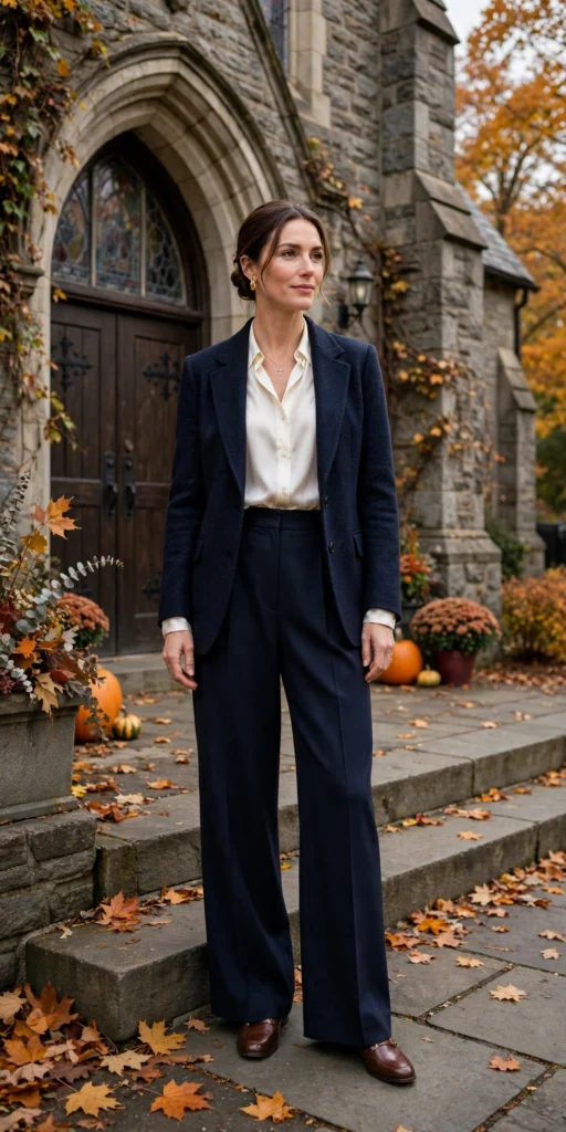 Pants fall church outfits with wide leg trousers and blouse