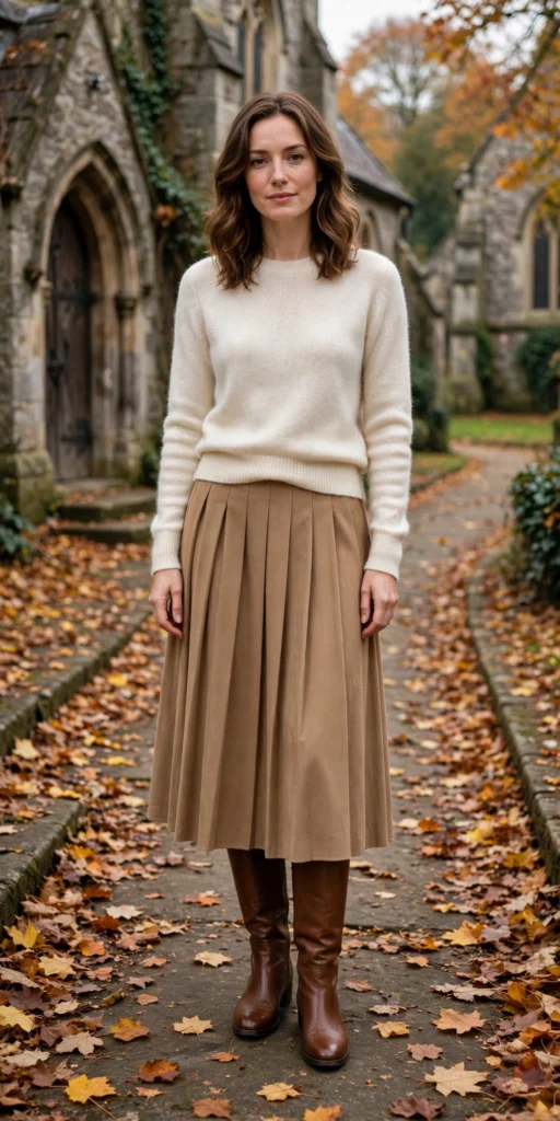 Sweater and skirt fall church outfits with pleated midi skirt