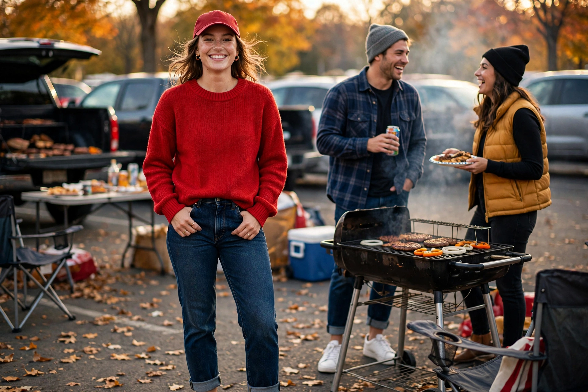 Casual fall tailgate outfits with a team color sweater and sneakers