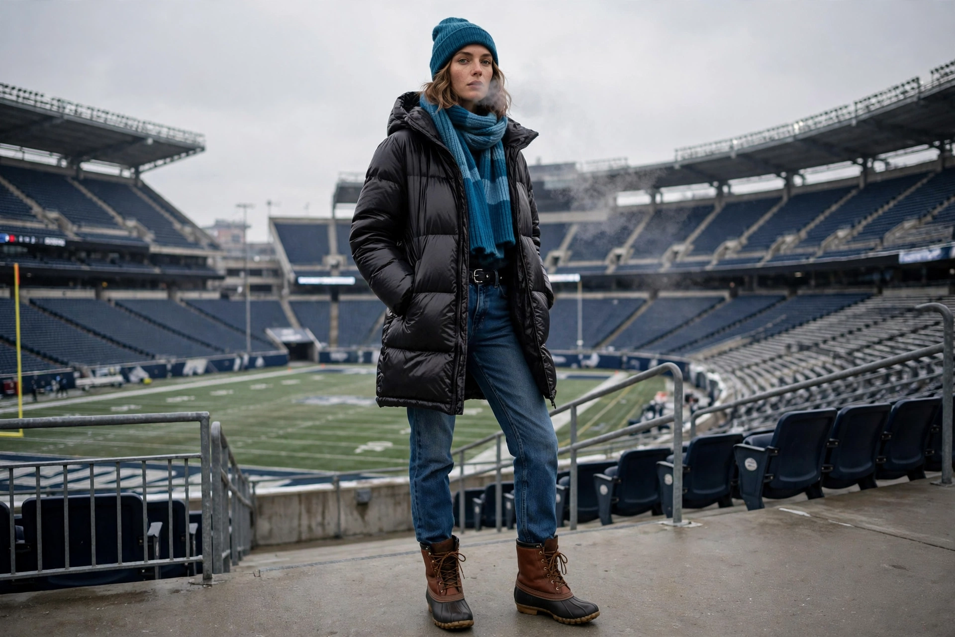 Cold weather fall tailgate outfits with a puffer coat and beanie