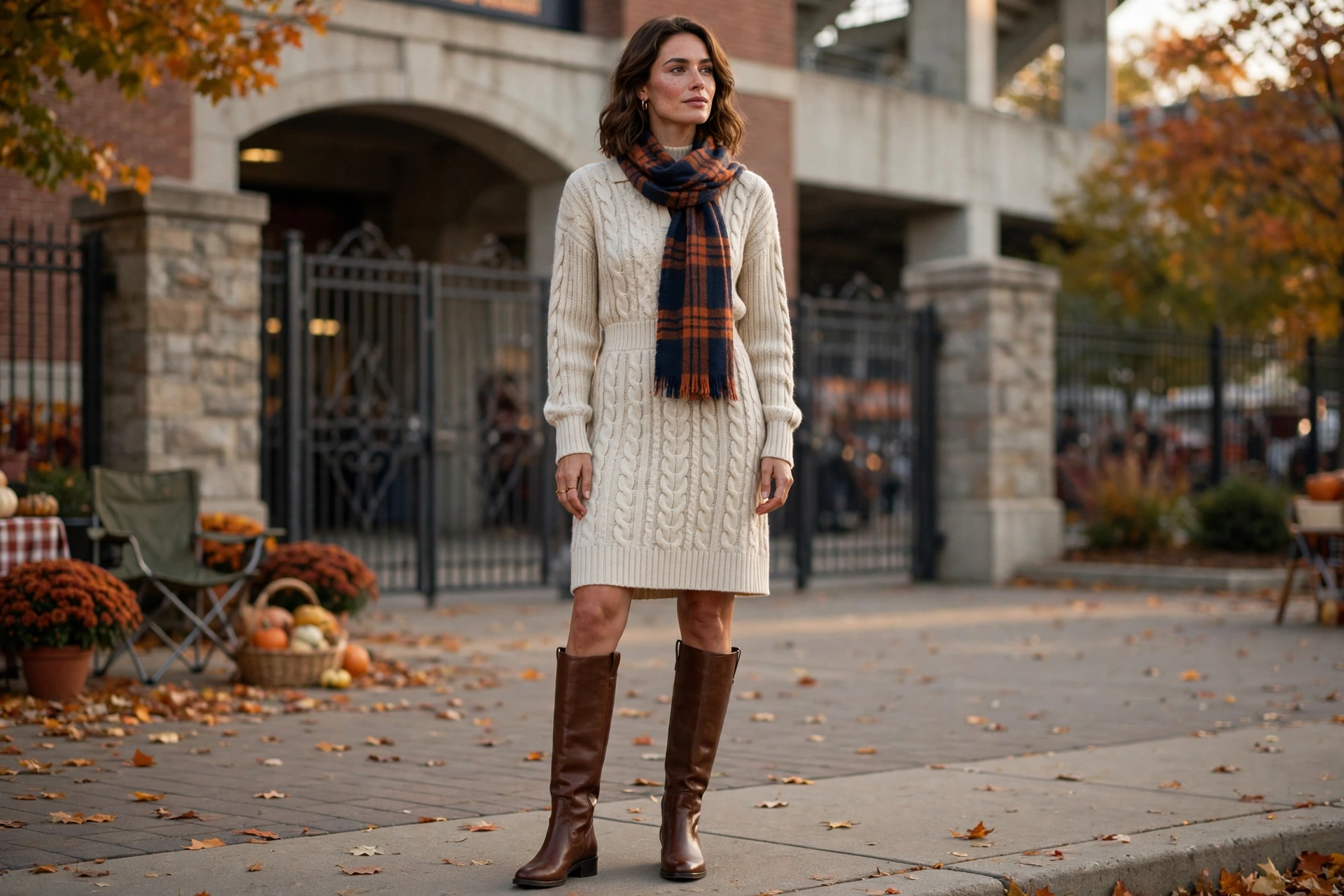 Elevated fall tailgate outfits with a sweater dress and knee-high boots