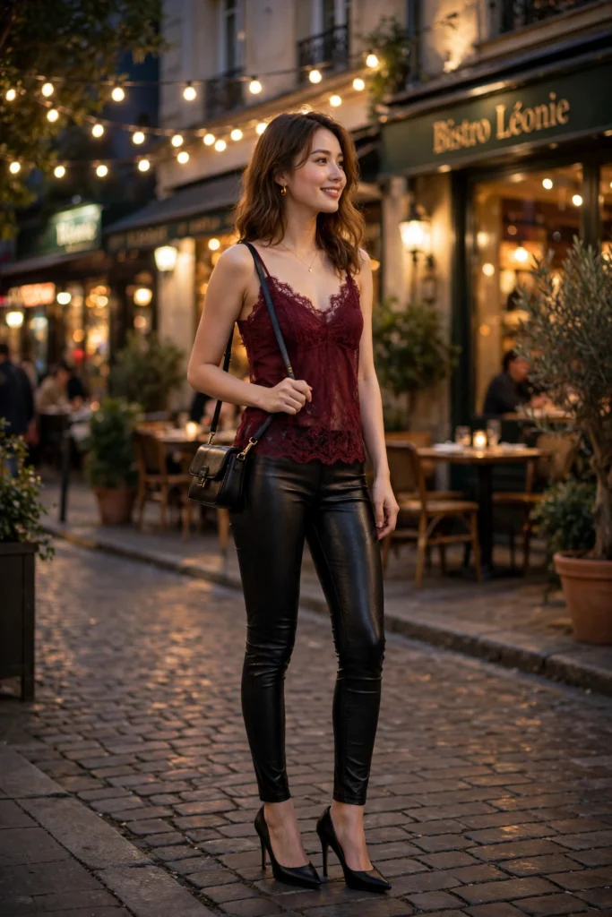 Date night faux leather leggings outfits with lace cami and heels