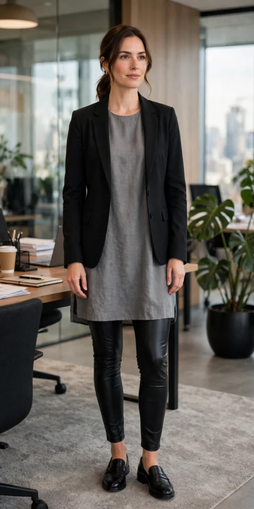 Office faux leather leggings outfits with blazer and loafers