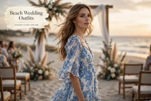 Beach wedding outfits for women, blue and white maxi dress at a sunset beach ceremony