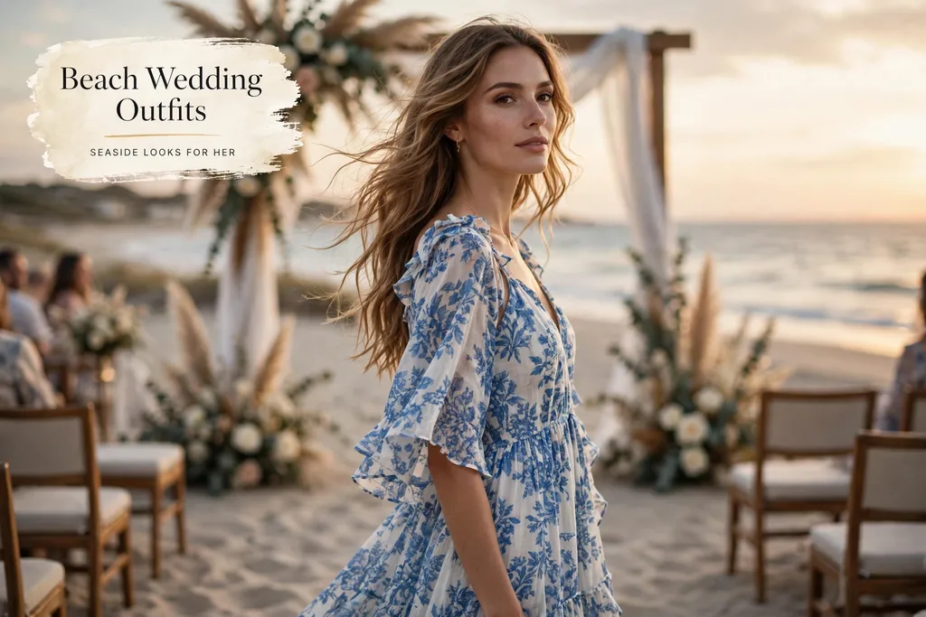 Beach wedding outfits for women, blue and white maxi dress at a sunset beach ceremony