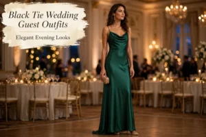 Black tie wedding guest outfits for women, emerald evening gown at a formal ballroom wedding