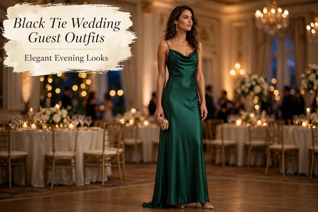 Black tie wedding guest outfits for women, emerald evening gown at a formal ballroom wedding