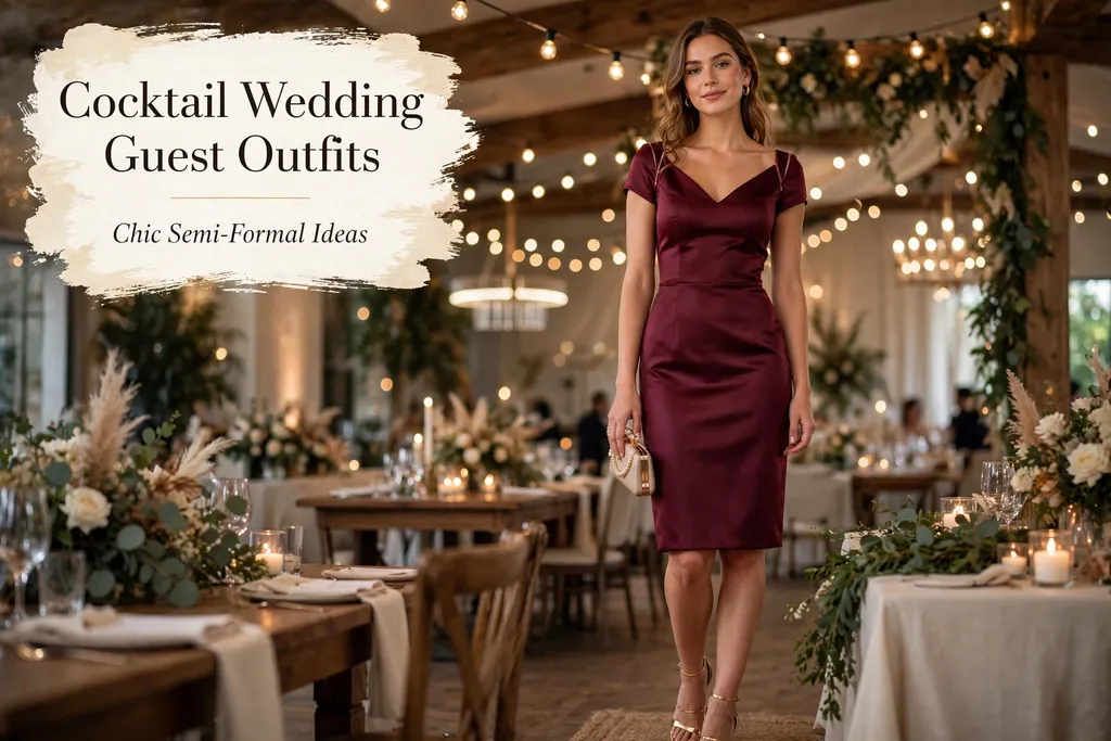 Cocktail wedding guest outfits for women, burgundy cocktail dress at an evening wedding reception