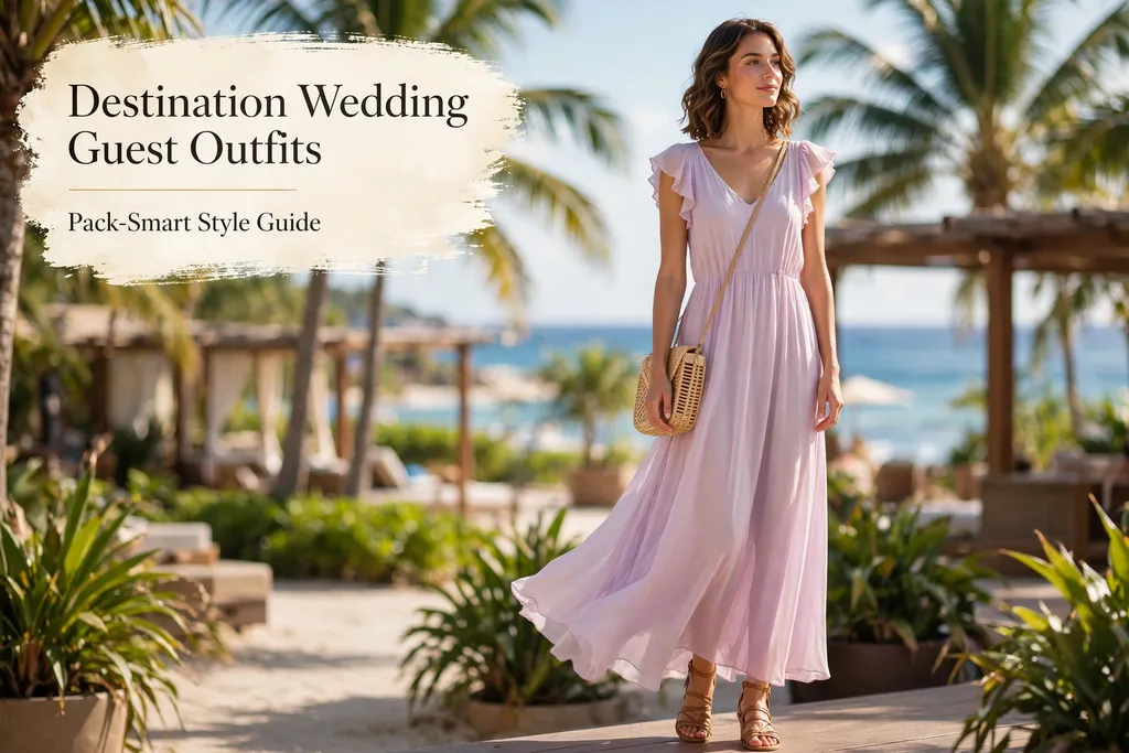Destination wedding guest outfits for women, pastel maxi dress at a tropical wedding venue