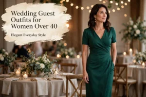 Wedding guest outfits for women over 40, elegant emerald green midi dress at a wedding reception