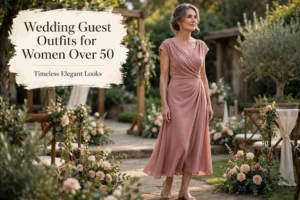 Wedding guest outfits for women over 50, elegant draped dusty rose midi dress at an outdoor wedding