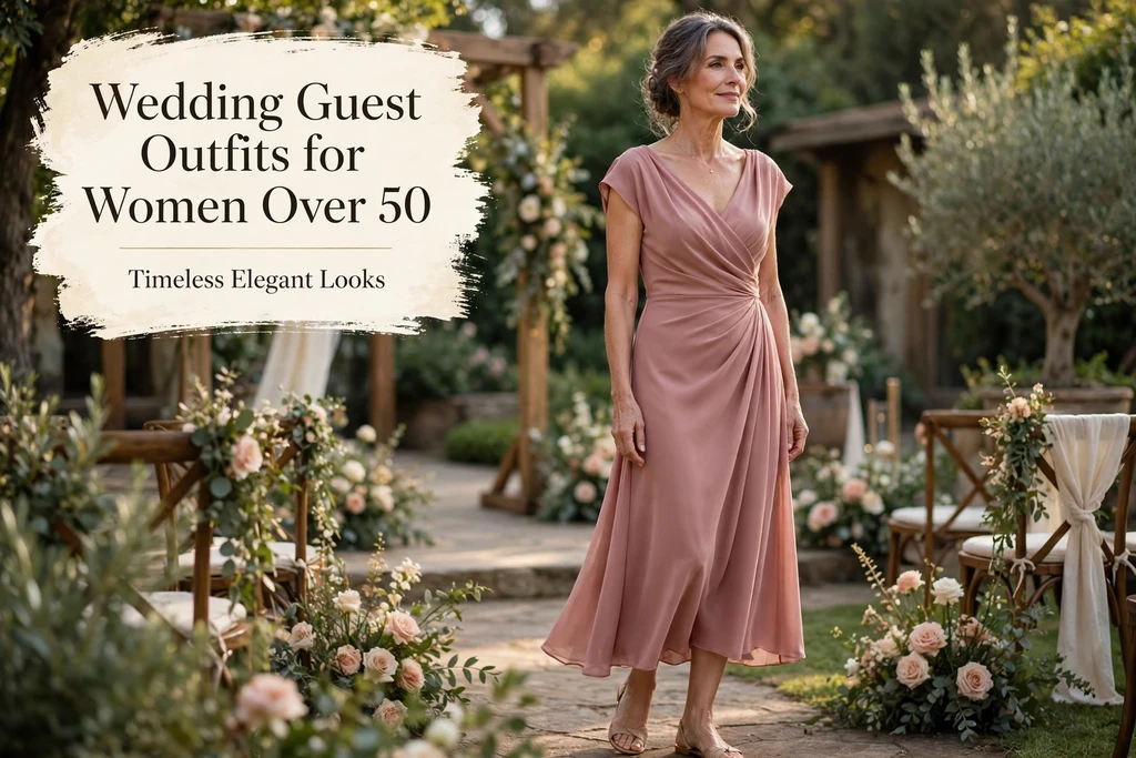 Wedding guest outfits for women over 50, elegant draped dusty rose midi dress at an outdoor wedding