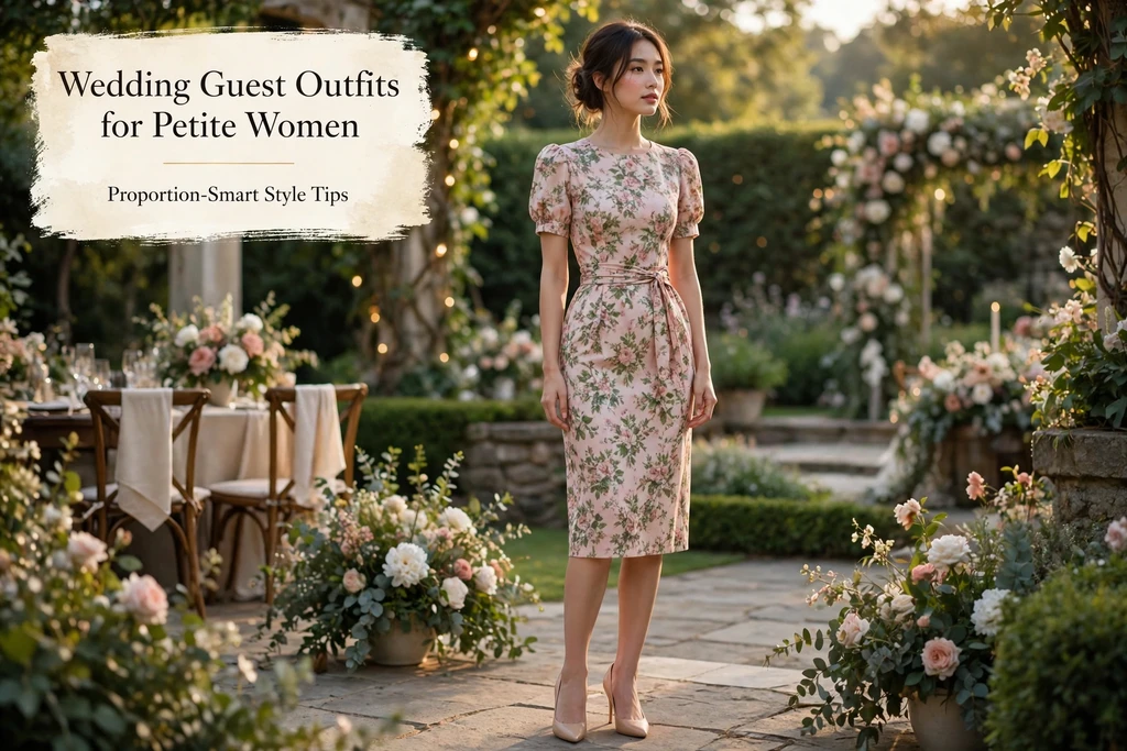 Wedding guest outfits for petite women, knee-length floral dress at a garden wedding