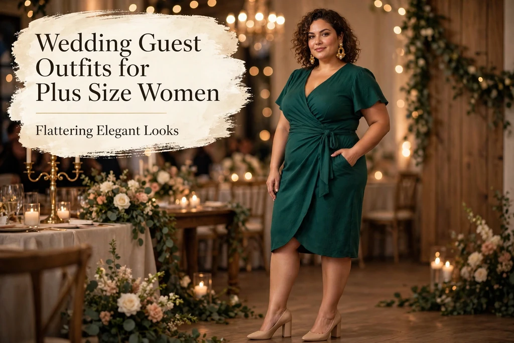 Wedding guest outfits for plus size women, emerald green wrap dress at a wedding reception