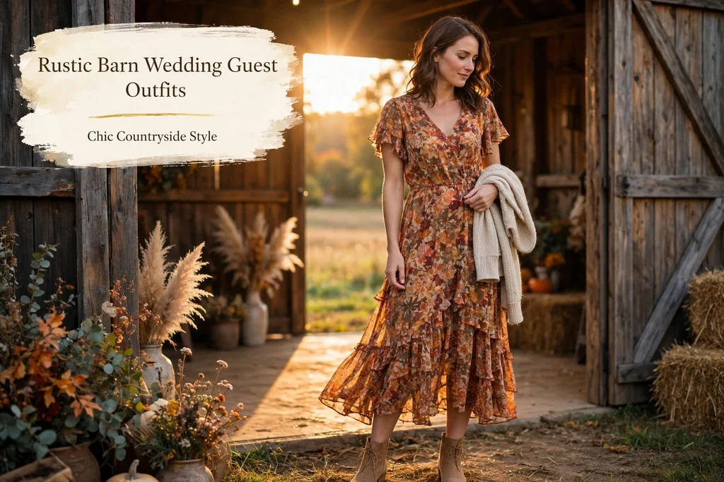 Rustic barn wedding guest outfits for women, floral midi dress and ankle boots at a barn wedding