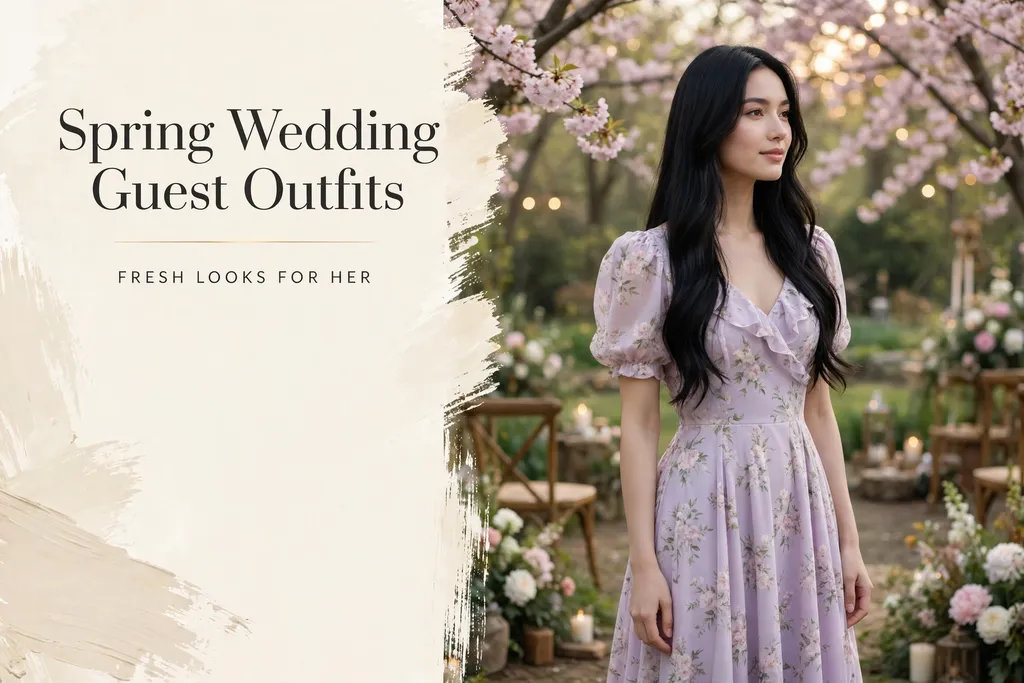 Spring wedding guest outfits for women, lavender floral dress at a cherry blossom garden